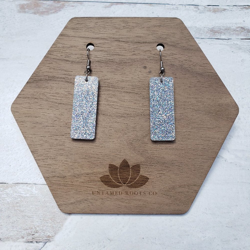 Silver Holographic Glitter Rectangle Dangle Earrings, Acrylic, Handmade